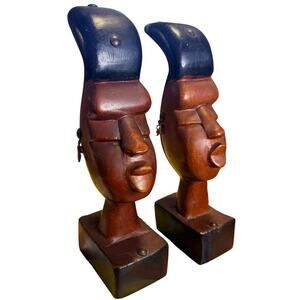 Vintage Hand Carved Wood African Tribal Busts MCM Decor Statues - As Is